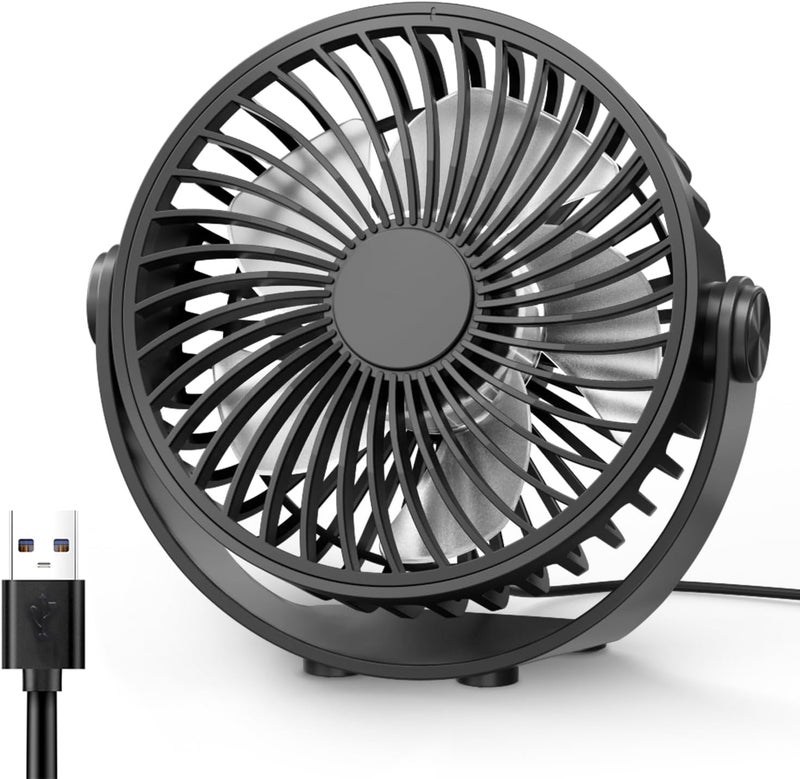 Edvision USB Desk Fan, 5 Inch Mini Portable, 3 Speeds Strong Airflow Personal Desktop, Detachable Cooling Fan 360° Rotation Quiet Small Fan for Desk Home Office Travel Car, Black, 5ft Cable - Image 1